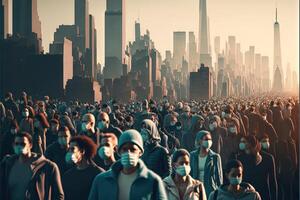 big city with many people wearing face mask beacause of return of covid coronavirus pandemic illustration photo