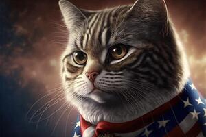 patriótico americano gato con Estados Unidos estrella y rayas bandera colores ilustración generativo ai foto