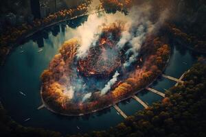 central park burning in fire new york city usa aerialillustration photo