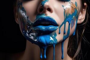 Lipstick blue paint dripping lipgloss drops on lips of beautiful woman mouth illustration photo