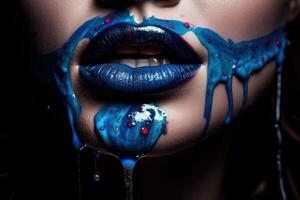 Lipstick blue paint dripping lipgloss drops on lips of beautiful woman mouth illustration photo