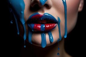 Lipstick blue paint dripping lipgloss drops on lips of beautiful woman mouth illustration photo