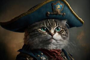 gato pirata capitán vistiendo un tricornio sombrero ilustración generativo ai foto