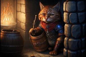 cat exploring a dungeon map in search of dragons illustration photo