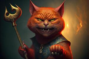 devil cat at the inferno holding pitchwork. hell in flames illustration photo