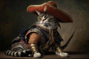 Adventurer conquistador conqueror spanish as cat famous historical character portrait illustration photo