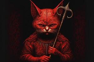 devil cat at the inferno holding pitchwork. hell in flames illustration photo