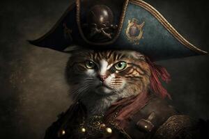 gato pirata capitán vistiendo un tricornio sombrero ilustración generativo ai foto