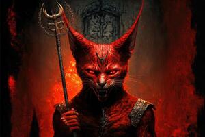 devil cat at the inferno holding pitchwork. hell in flames illustration photo