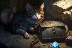 cat exploring a dungeon map in search of dragons illustration photo