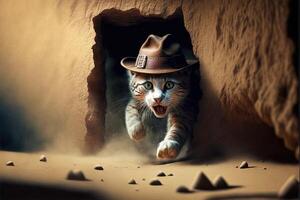 gato arqueólogo con sombrero y látigo escapando desde peligro ilustración generativo ai foto