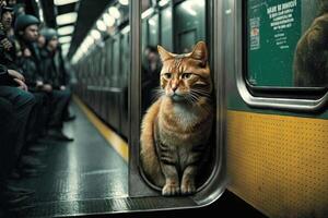 cat animal on new york city subway underground metro train illustration photo