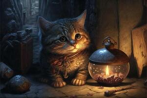 cat exploring a dungeon map in search of dragons illustration photo