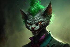 Evil cat joker with yellow eyes smiles like a cheshire cat. The concept of fear and nightmares. illustration photo