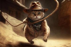 gato arqueólogo con sombrero y látigo escapando desde peligro ilustración generativo ai foto