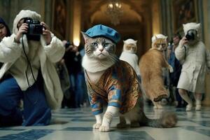 gato en el pasadizo posando un Moda modelo vistiendo exlusivo vestir ilustración generativo ai foto