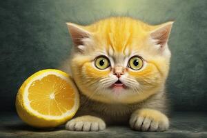 yellow cat is a lemon funny and crazy kitten illustration photo