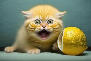 amarillo gato es un limón gracioso y loco gatito ilustración generativo ai foto
