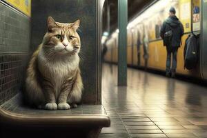 cat animal on new york city subway underground metro train illustration photo