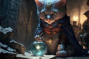 cat exploring a dungeon map in search of dragons illustration photo