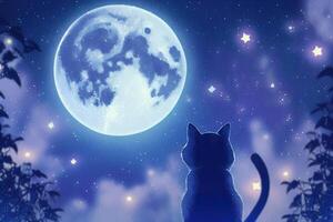 Anime cat looking at the moon on starry night illustration photo