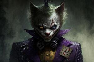 Evil cat joker with yellow eyes smiles like a cheshire cat. The concept of fear and nightmares. illustration photo