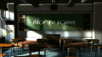 Empty school classroom with back to school writing text on the blackboard. video