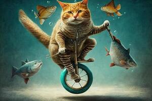 gato montando monociclo ilustración generativo ai foto