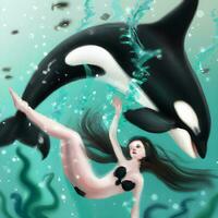 mermaid swimming with an orca killer whale underwater photo