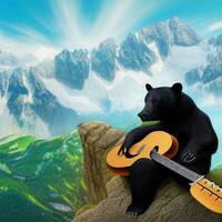 bear playing guitar on mountains in spring season photo