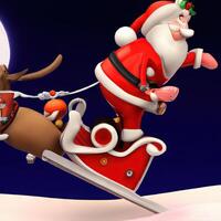 Santa claus sled with rudolph red nose reindeer flying on the moon background, 3d cartoon photo
