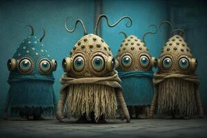 group of aliens trying to blend in with humans by wearing elaborate disguises, but their multiple eyes and tentacles are still showing illustration photo