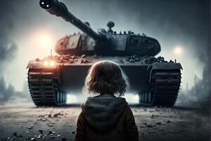 A children in front of tank War in Ukraine, explosions on backround illustration photo