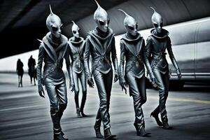 Group of aliens wearing fashionable space outfits, walking a cosmic runway and posing for alien photographers illustration photo