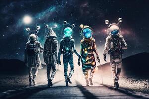 Group of aliens wearing fashionable space outfits, walking a cosmic runway and posing for alien photographers illustration photo