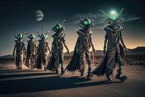 grupo de extranjeros vistiendo de moda espacio trajes, caminando un cósmico pista y posando para extraterrestre fotógrafos ilustración generativo ai foto