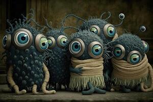 group of aliens trying to blend in with humans by wearing elaborate disguises, but their multiple eyes and tentacles are still showing illustration photo
