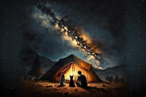camping under starry night sky Milky way watching. man woman and dog people next to tent in national park. Star gazing.illustration photo