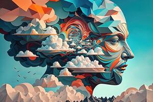 landscape made entirely out of floating geometric shapes, with a sky full of swirling clouds that resemble human faces illustration photo