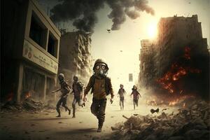 War in Ukraine children wearing anti gas mask escaping, running out from invasion. Tank and explosions on backround illustration generative ai photo