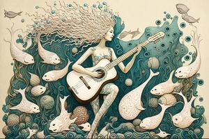 Mermaid playing a guitar made of seashells, surrounded by a group of singing jellyfish illustration photo