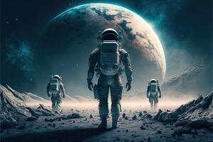 Man is back on the moon, astronaut in spacesuit walking on the moon Illustration photo