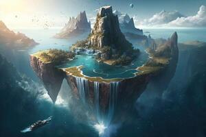 Landscape with floating islands and massive waterfalls, surrounded by a vast ocean illustration photo