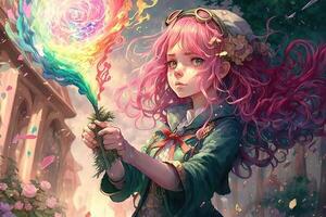 manga niña con rosado pelo y un mágico varita mágica, fundición un deletrear ese crea un tormenta de arco iris - de colores flores, manga estilo ilustración generativo ai foto