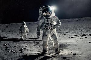 hombre es espalda en el luna, astronauta en traje espacial caminando en el Luna ilustración generativo ai foto