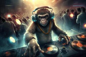 Monkey animal is a resident dj in the club People dancing on background illustration photo