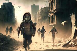 guerra en Ucrania niños vistiendo anti gas máscara escapando, corriendo fuera desde invasión. tanque y explosiones en fondo ilustración generativo ai foto