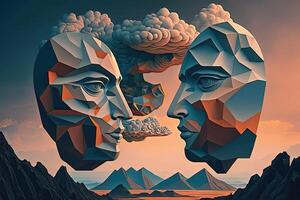 landscape made entirely out of floating geometric shapes, with a sky full of swirling clouds that resemble human faces illustration photo