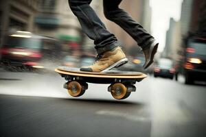 levitación patines de el futuro. personal transporte dispositivos ese permitir los usuarios a planeo encima el suelo, reduciendo tráfico y Proporcionar un Respetuoso del medio ambiente alternativa ilustración generativo ai foto