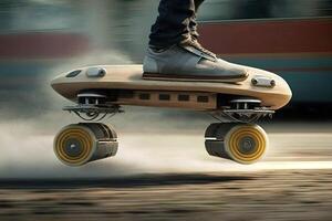 levitación patines de el futuro. personal transporte dispositivos ese permitir los usuarios a planeo encima el suelo, reduciendo tráfico y Proporcionar un Respetuoso del medio ambiente alternativa ilustración generativo ai foto